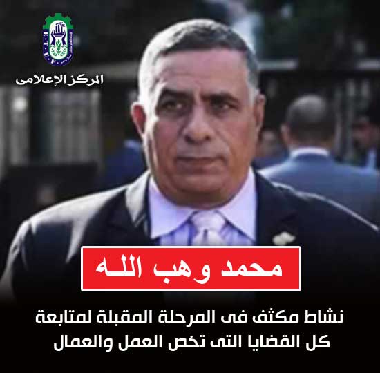 وهب اللـه: نشاط مكثف فى المرحلة المقبلة لمتابعة كل القضايا الخاصة بالعمل والعمال